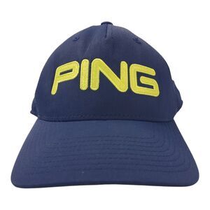 PING Hat Cap Adult Blue Yellow Spell Out Embroidered Fitted Golf Golfer
